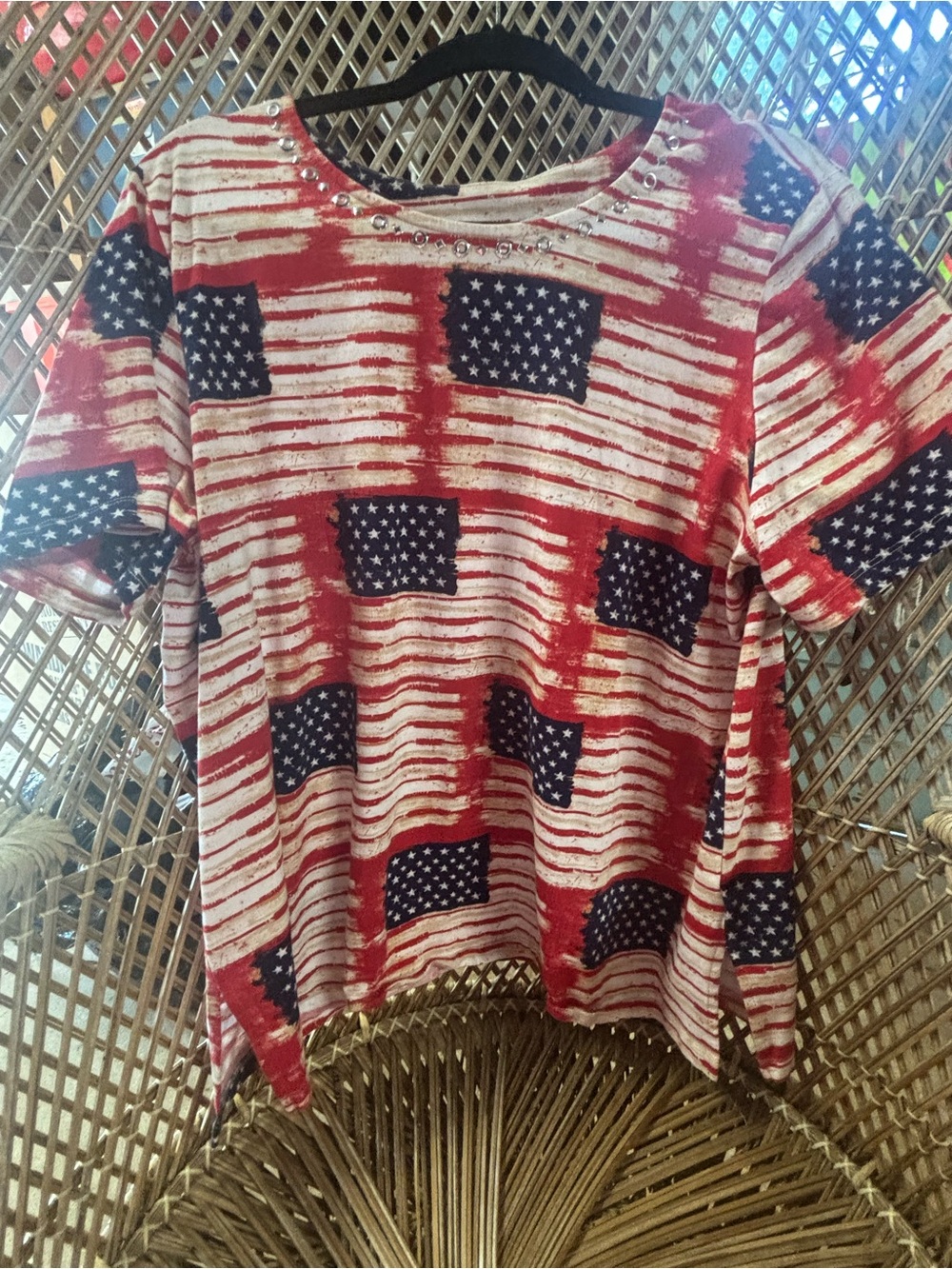 Alfred Dunner Red White and Navy Stud-Trim Flag Print Tee Vintage